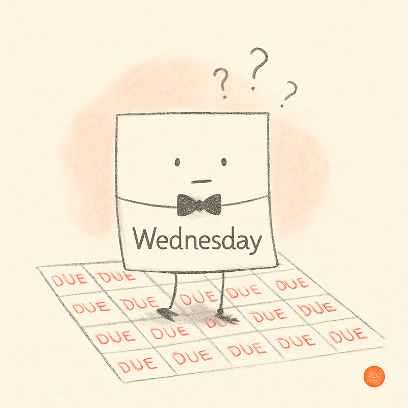 A small paper task card with a doodled face, black bow tie, pencil legs and question marks above its head stands on a calendar grid where every day is stamped with the word DUE in red ink, looking embarrassed.