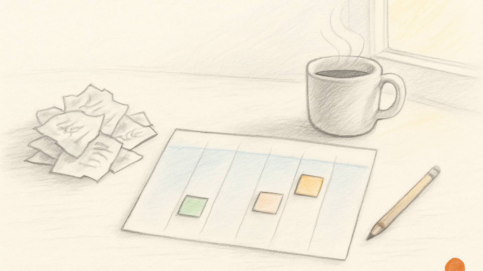Hand-drawn still life of a planning desk at the end of a workweek — a loose pile of rough task cards on the left, a five-column weekly slate softly washed in blue with a few placed cards in the middle and one column kept almost empty, a steaming mug, a resting pencil, and low afternoon sun bleeding pale yellow across the paper.