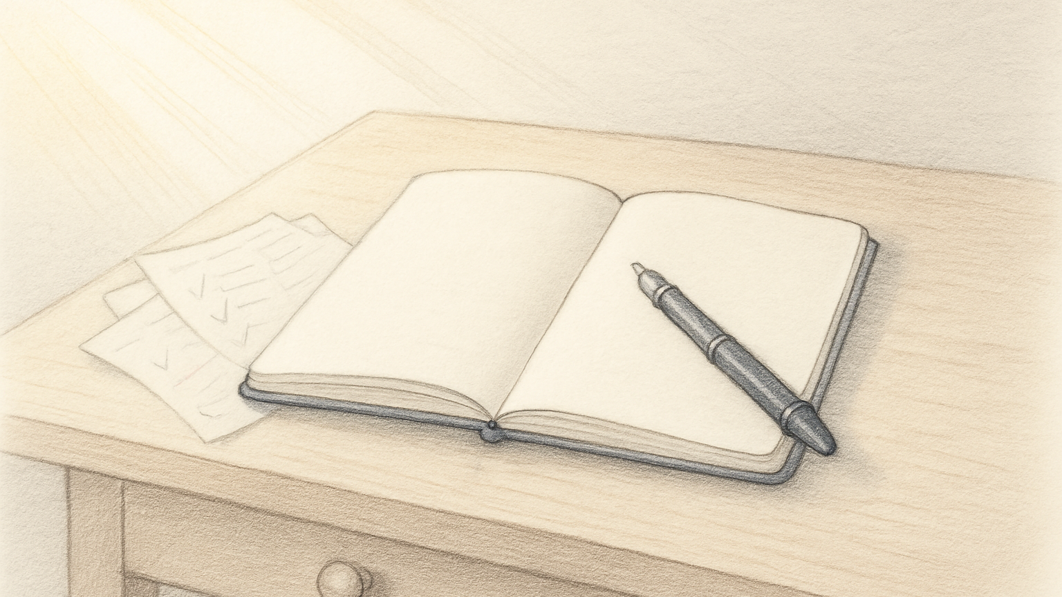 A hand-drawn sketch of an open blank notebook with a fountain pen resting on it, soft morning light entering from the left, and faded crumpled planner pages drawn faintly to the side as quiet memory.