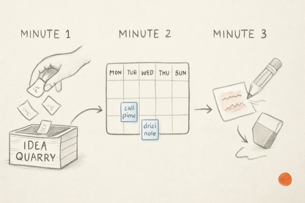 A three-panel hand-drawn workflow. Panel one labeled MINUTE 1 shows a hand dropping loose scraps into a wooden crate labeled IDEA QUARRY. Panel two labeled MINUTE 2 shows a faint seven-day weekly grid with two task cards being dragged into chosen days. Panel three labeled MINUTE 3 shows one stale card being erased and another being moved back toward the quarry.