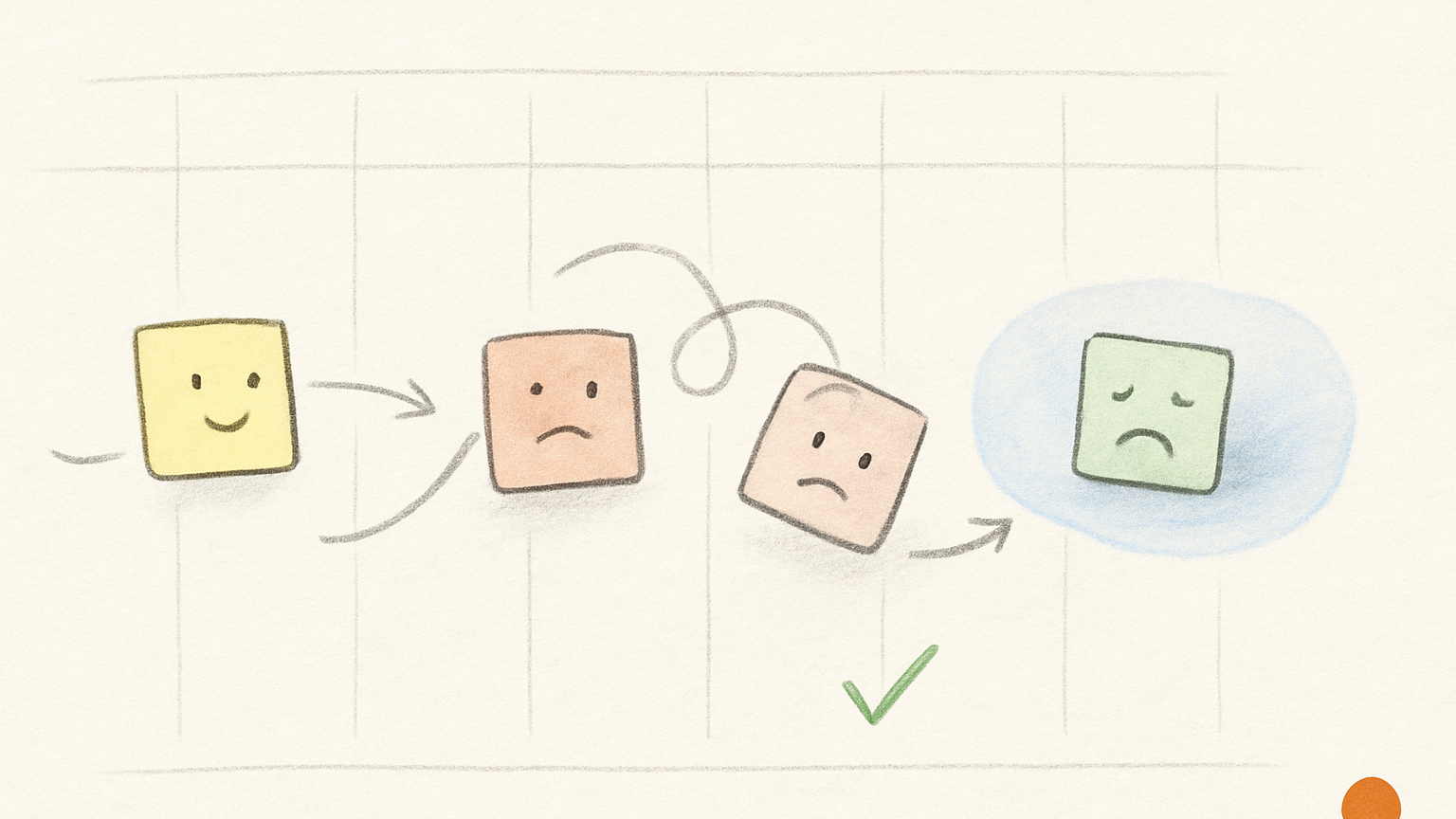 A wide hand-drawn illustration: small paper task cards arranged across faint day-columns, with curving pencil arrow trails showing how some have been moved forward many times, and one card released into a soft blue oval representing the Idea Quarry.