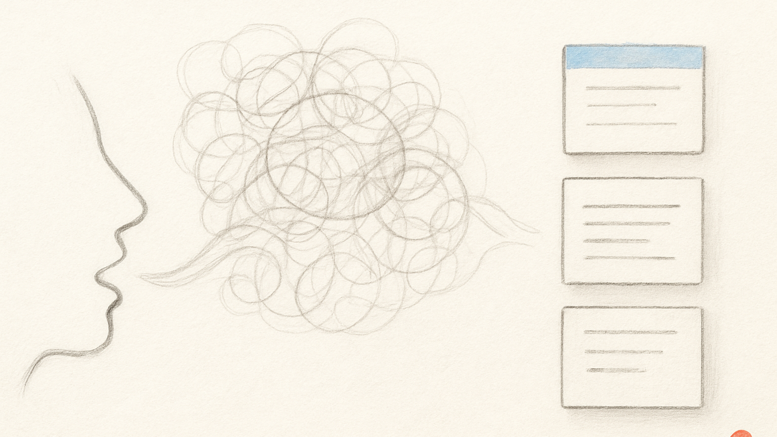 A pencil sketch of a head from which a swirling speech-cloud drifts rightward and resolves into four neat task cards.
