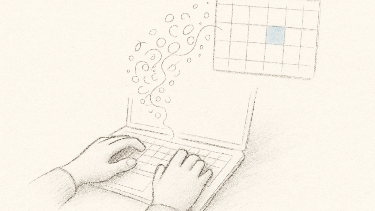 A hand-drawn doodle of two hands on a laptop keyboard with a wispy thought-cloud flowing up into a small weekly-planner grid that has one cell highlighted in soft blue.