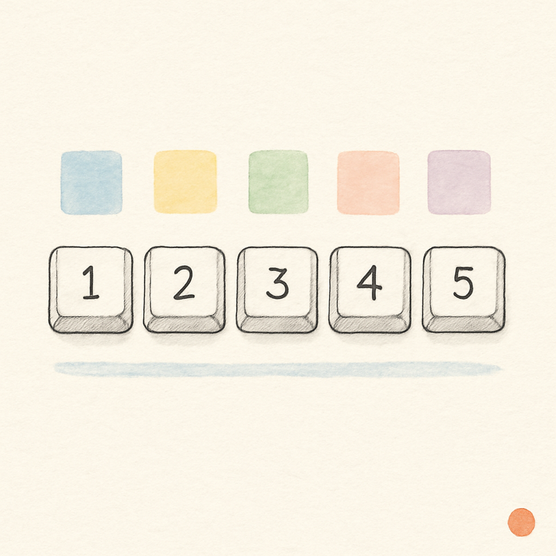 Five hand-drawn keyboard keys labeled 1 to 5 in a row, each with a small pastel watercolor swatch floating above it in blue, yellow, green, coral, and lavender.