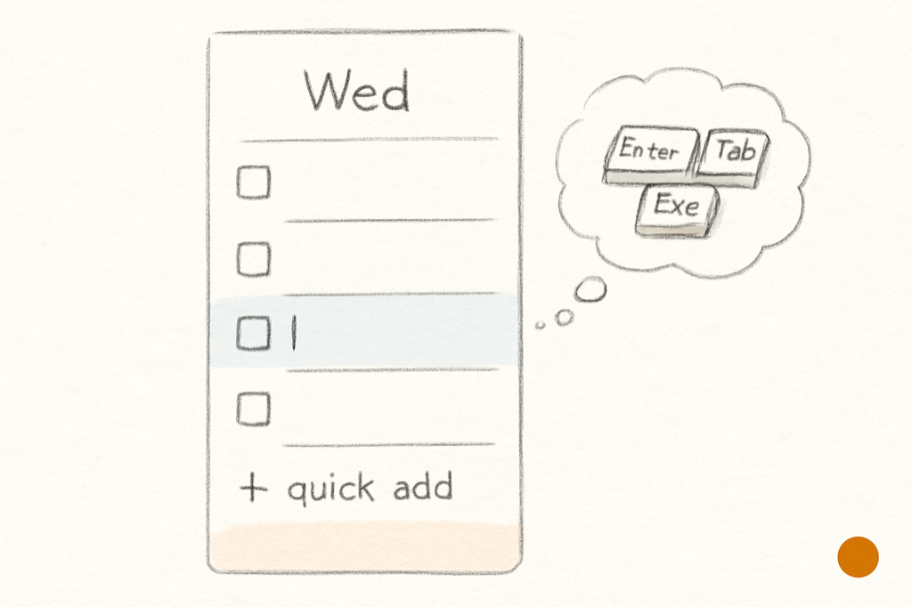A hand-drawn sketch of a day column labeled Wed with several task rows, one being edited inline, a quick-add field at the bottom, and a small thought bubble showing Enter, Tab and Esc keys.