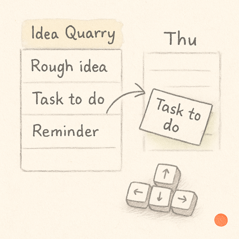A hand-drawn sketch of an Idea Quarry column and a Thursday column, with one task card floating along a curving arrow from the Quarry into a soft-green highlighted slot in Thursday, alongside a small drawing of the four keyboard arrow keys.