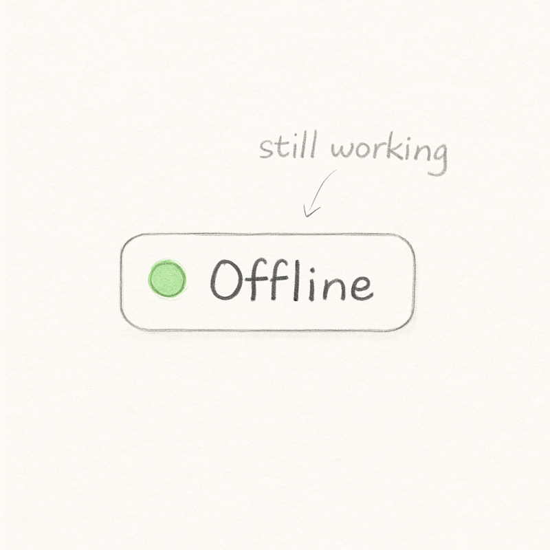 A hand-drawn doodle of an Offline status pill with a soft-green dot, annotated with the words "still working" and a small notebook page beside it showing checked-off tasks.